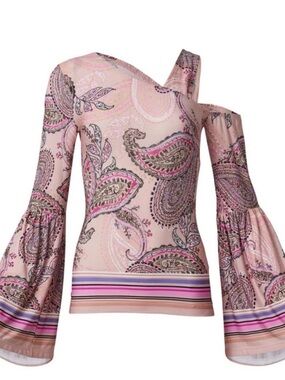 VENUS Pink Paisley One-Shoulder Bell Sleeve Top Size M